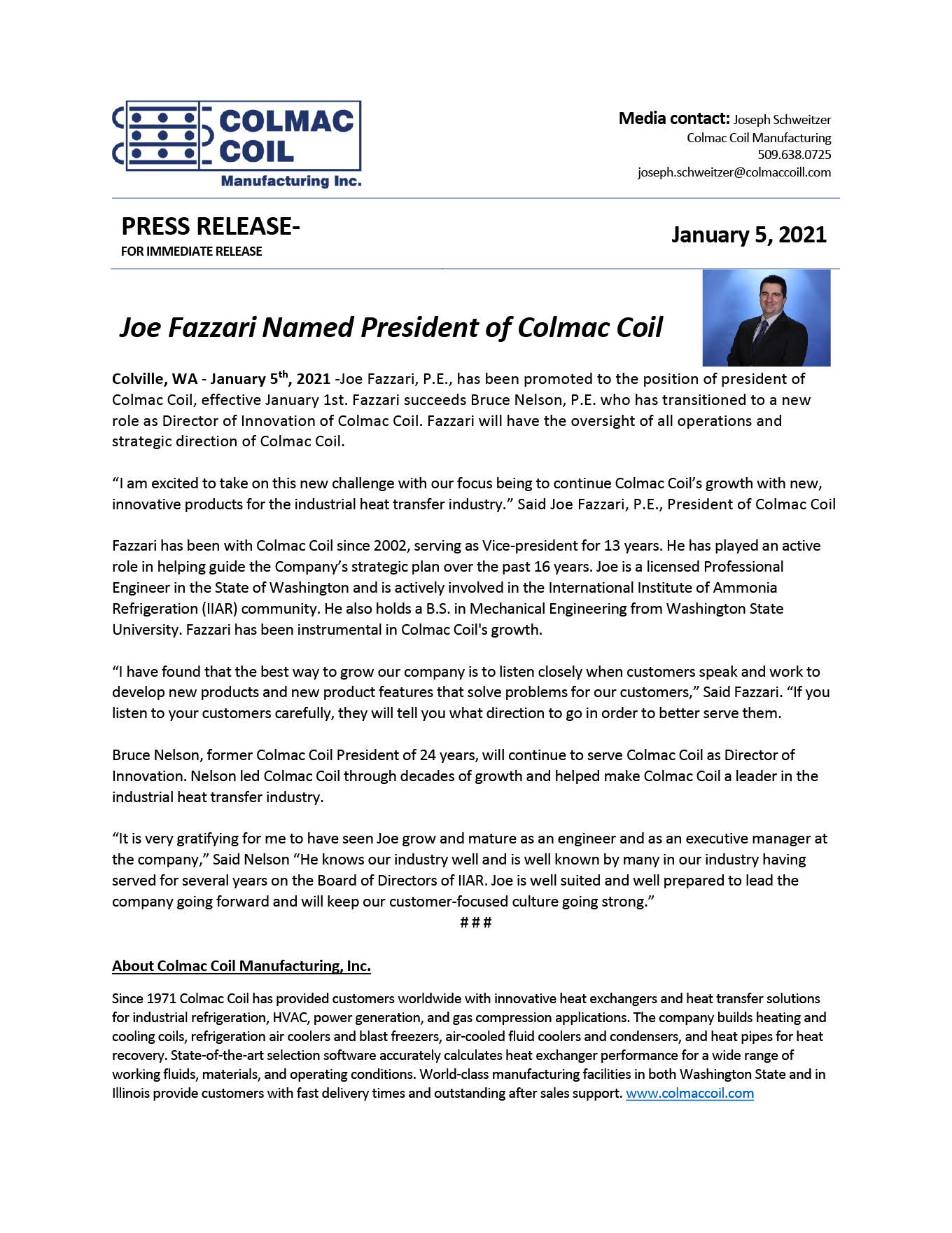 Joe Fazzari Named President of Colmac Coil