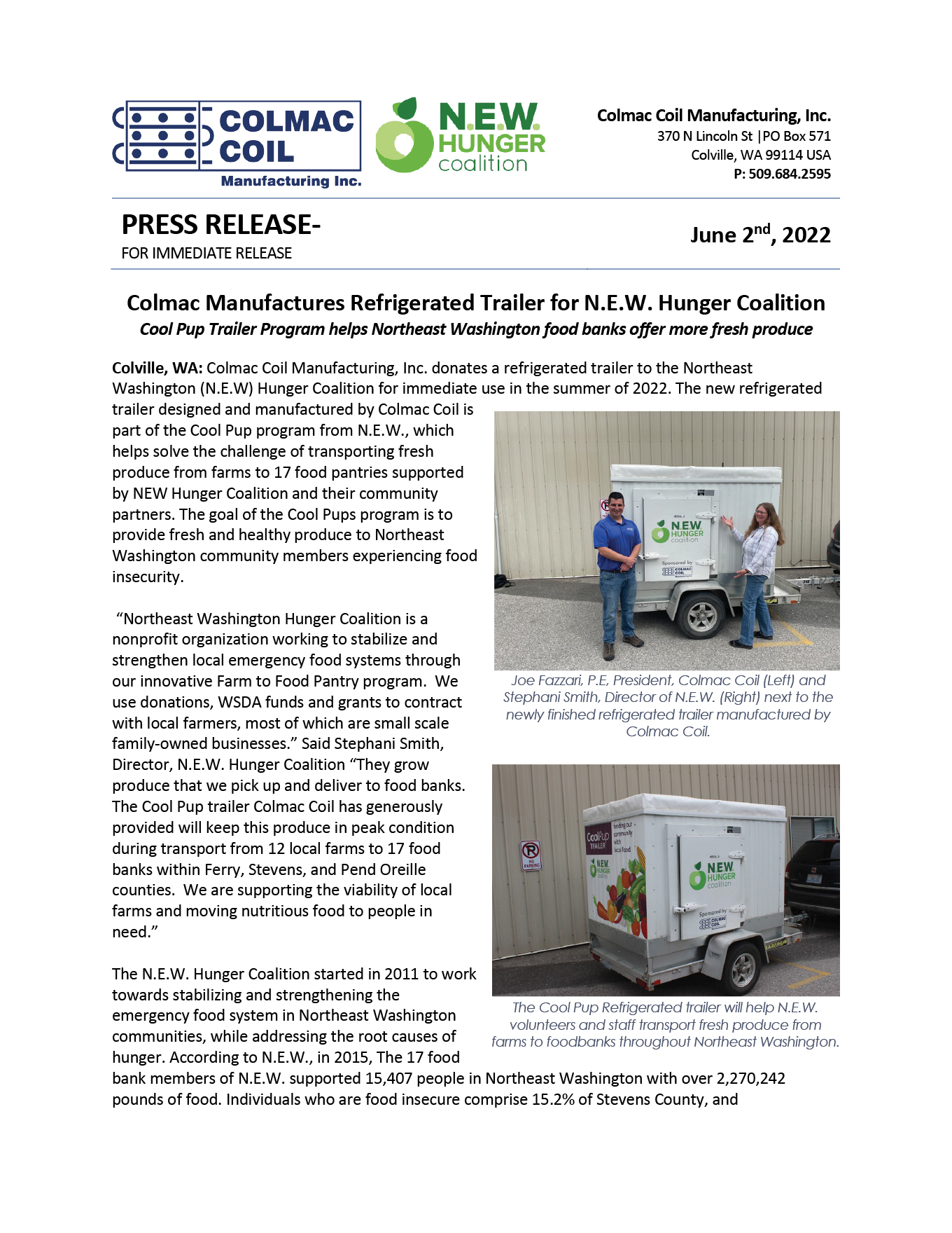 Colmac Coil Manufactures Refrigerated Trailer for N.E.W. Hunger Coalition